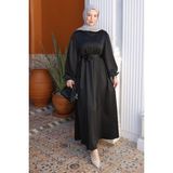 İmaj Butik Siyah Balon Kol Taşlı Saten Abiye Elbise - 38