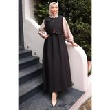 İmaj Butik Siyah Bel Lastikli Yelek Kombinli Elbise Takım - 38