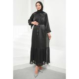İmaj Butik Siyah Çiçek Bronşlu Şifon Elbise - 38 - 40