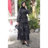 İmaj Butik Siyah Eteği Katlı Desenli Şifon Elbise - 42 - 44