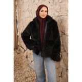 İmaj Butik Siyah Fermuarlı Astarlı Kısa Kürk Kaban - 40