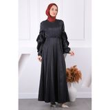 İmaj Butik Siyah Kol Katlı Kuşaklı Elbise - 38 - 40