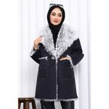 İmaj Butik Siyah Kruvaze Yaka Içi Kürklü Süet Mont - 36 - 38