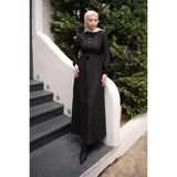 İmaj Butik Siyah Kuşaklı Kol Lastikli Fitilli Elbise - 42 - 44
