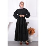 İmaj Butik Siyah Önü Nakışlı Bel Kuşaklı Elbise - 40