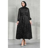 İmaj Butik Siyah Taşlı Kuşaklı Saten Elbise - 38