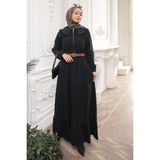 İmaj Butik Siyah Yaka Taşlı Yarım Fermuarlı Kemerli Kot Elbise - 40