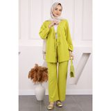 İmaj Butik Yağ Yeşili Ön Bağlamalı Bürümcük Kimono Pantolonlu Takım - 2XL