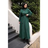 İmaj Butik Zümrüt Yeşili Kuşaklı Kol Lastikli Fitilli Elbise - 40 - 42