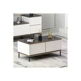 İmaj Modern Kapaklı Orta Sehpa – 90X45 Cm | Mermer Desenli Ve Gold Detaylı Beyaz