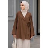 İmajButik Açık Kahve Kruvaze Yaka Yandan Bağlamalı Yazlık Kimono Tunik