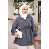 İmajButik Antrasit Bel Bağlamalı Fermuarlı Çizgili Tunik