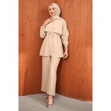 İmajButik Bej Bel Bağlamalı Tunik Pantolonlu Takım