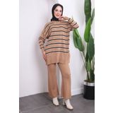 İmajButik Bisküvi Çizgili Triko Tunik Pantolon Takım