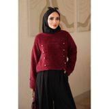 İmajButik Bordo Düğme Detaylı Angora Triko Kazak