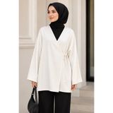 İmajButik Ekru Kruvaze Yaka Yandan Bağlamalı Yazlık Kimono Tunik