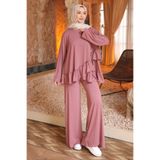 İmajButik Gül Kurusu Eteği Fırfırlı Tunik Pantolonlu Modal Takım