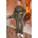 İmajButik Haki Kuşaklı Ceket Pantolonlu Gabardin Takım