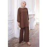 İmajButik Kahverengi Bürümcük Tunik Pantolonlu Takım
