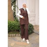 İmajButik Kahverengi Fitilli Yelek Tunik Pantolonlu Üçlü Takım