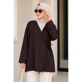 İmajButik Kahverengi Kruvaze Yaka Yandan Bağlamalı Yazlık Kimono Tunik
