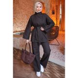 İmajButik Kahverengi Kuşaklı Ceket Pantolonlu Gabardin Takım