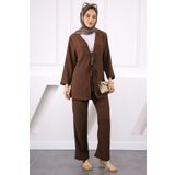 İmajButik Kahverengi Ön Bağlamalı Bürümcük Kimono Pantolonlu Takım