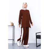 İmajButik Kahverengi Renk Bloklu Modal Tunik Pantolonlu Takım