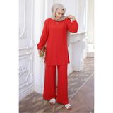 İmajButik Kırmızı Bürümcük Tunik Pantolonlu Takım