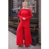 İmajButik Kırmızı Piliseli Sandy Tunik Pantolon Takım