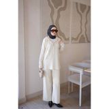 İmajButik Krem Kapüşonlu Tunik Pantolonlu Taşlı Triko Takım