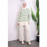 İmajButik Krem/Mint Çizgili Triko Tunik Pantolon Takım