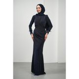 İmajButik Lacivert Kolları Tüylü Taşlı Abiye