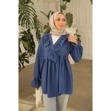 İmajButik Lacivert Yaka Fırfırlı Yan Bağlamalı Kol Lastikli Tunik