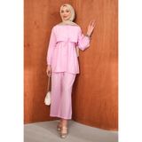 İmajButik Pembe Bel Bağlamalı Tunik Pantolonlu Takım