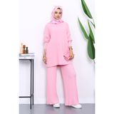 İmajButik Pembe Fitilli Yumoş Tunik Pantolonlu Triko Takım