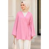 İmajButik Pembe Kruvaze Yaka Yandan Bağlamalı Yazlık Kimono Tunik