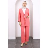 İmajButik Pembe Ön Bağlamalı Bürümcük Kimono Pantolonlu Takım