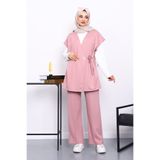 İmajButik Pudra Yelekli Tunik Pantolon Üçlü Takım