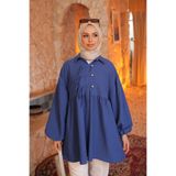İmajButik Saks Mavi Kol Lastikli Önü Düğmeli Biyeli Tunik