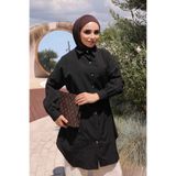 İmajButik Siyah Bel Bağlamalı Düğmeli Tunik