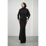 İmajButik Siyah Kolları Tüylü Taşlı Abiye