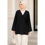 İmajButik Siyah Kruvaze Yaka Yandan Bağlamalı Yazlık Kimono Tunik