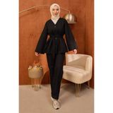 İmajButik Siyah Kuşaklı Ceket Pantolonlu Gabardin Takım