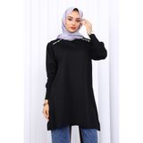 İmajButik Siyah Omuz Taşlı Soguk İplik Triko Tunik