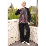 İmajButik Siyah Ön Batik Desenli Reglan Kol Tunik Pantolonlu Modal Takım