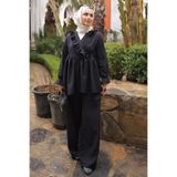 İmajButik Siyah Yaka Fırfırlı Tunik Pantolonlu Takım