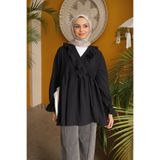 İmajButik Siyah Yaka Fırfırlı Yan Bağlamalı Kol Lastikli Tunik