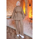 İmajButik Vizon Kuşaklı Ceket Pantolonlu Gabardin Takım