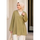 İmajButik Yağ Yeşili Kruvaze Yaka Yandan Bağlamalı Yazlık Kimono Tunik